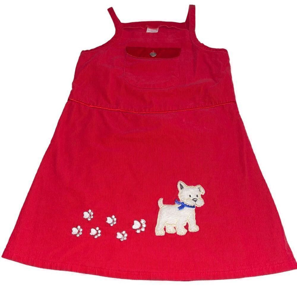 Woolworth's Red Corduroy Jumper Dress w/‎ Appliqu Dog & Paw Prints - Size 7